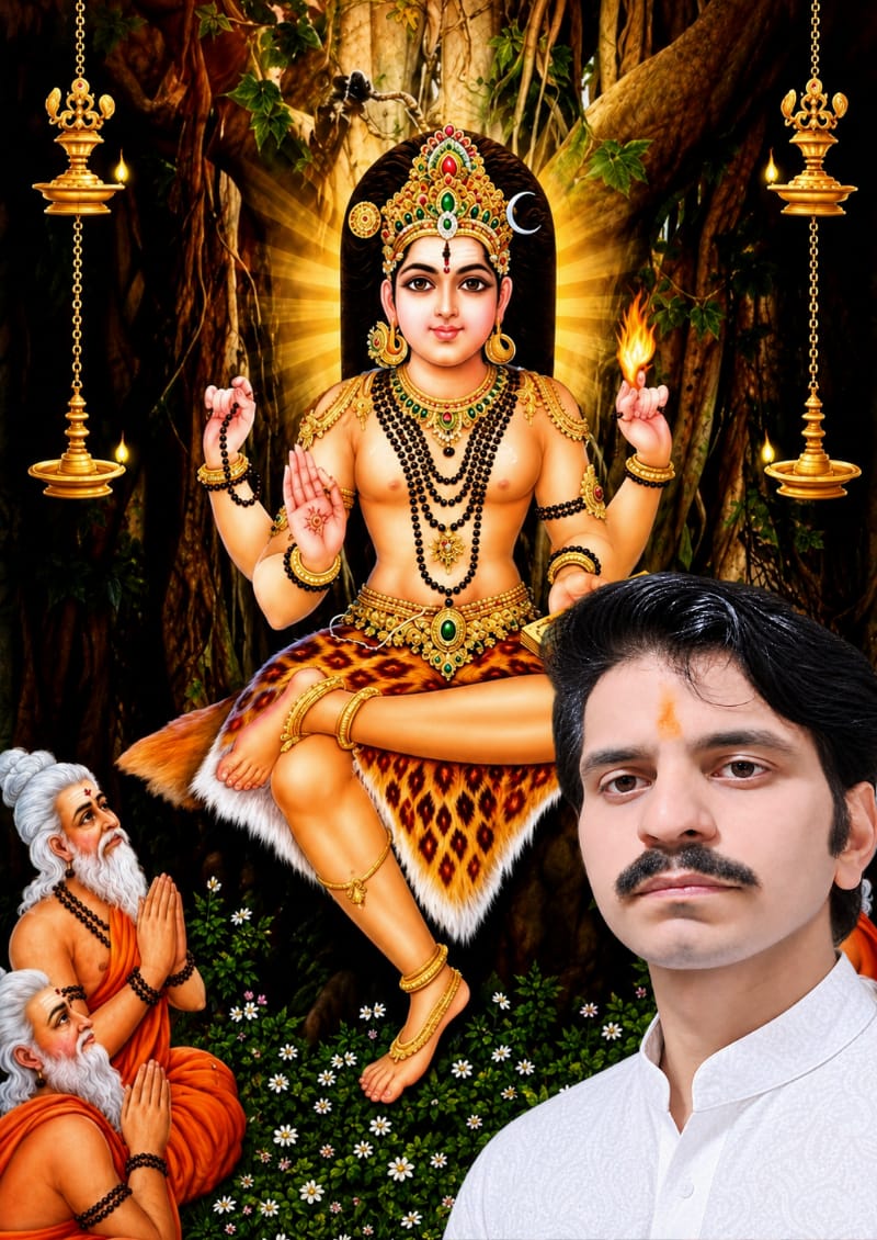 Guruji alongside an image of Dakshinamurti